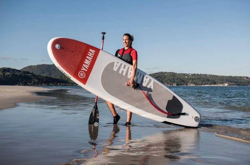 Paddle board held by person on beach