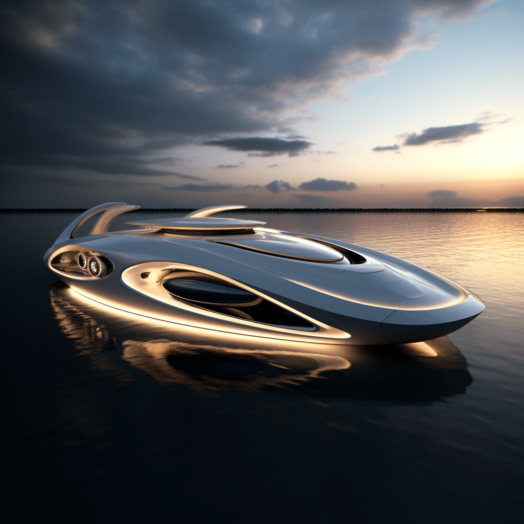 futuristic yacht design of a pod style motor yacht in shiny metal with recessed external lighting against a sunset sky