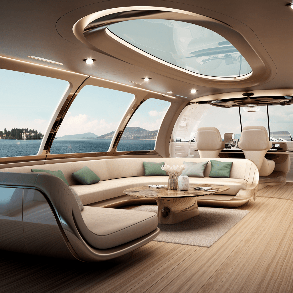 futuristic yacht interior design showing Curved Edges, lots of glass, creative lighting and Sustainable Materials