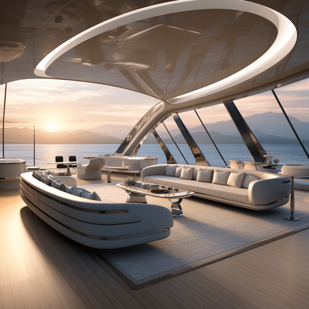 interior yacht design showing High Gloss Ceiling and Panoramic Glazing at sunset
