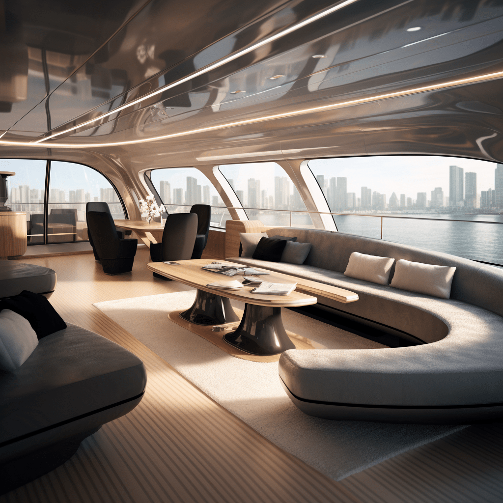 Interior Design Concept for a Luxury Motor Yacht showing high gloss ceilings, curved natural furniture and light and airy space
