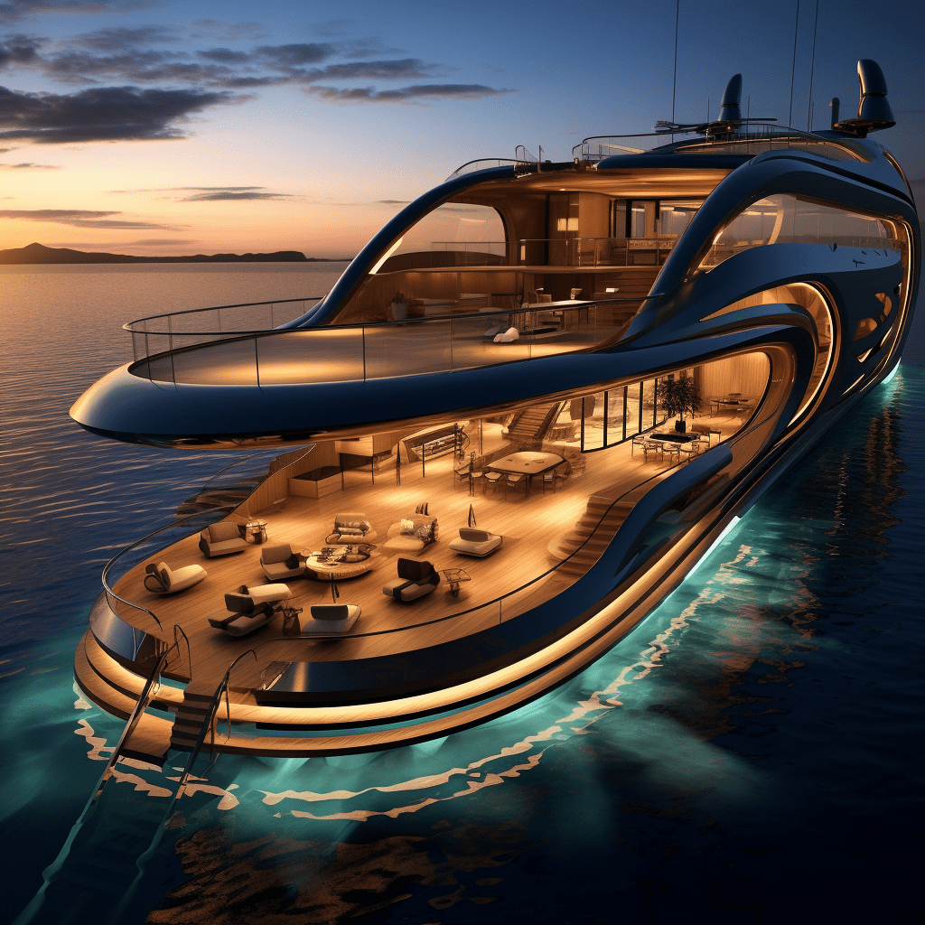 Super Yacht Concept Design showing the stern of the boat with open plan living, bathing platforms, and plenty of living spaces